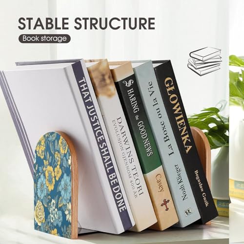 Sujetalibros de madera flores azules soluciona el desorden de tus estantes 8