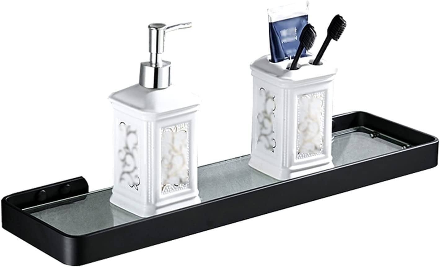 IOCCIOBB Bathroom Glass Shelf Black Bathroom Shelves Shower Shelf Glass Shelf Wall Mounted Shower Caddy Storage Organizer Nail