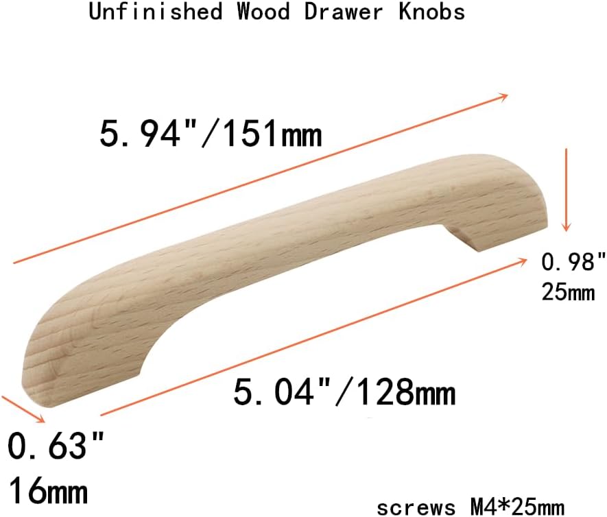 2Pcs Unfinished Wood Drawer Knobs Handles,Unpainted Paintable Wooden Cupboard Closet Drawer Handle,Length 5.94",Hole Dis.5.04"