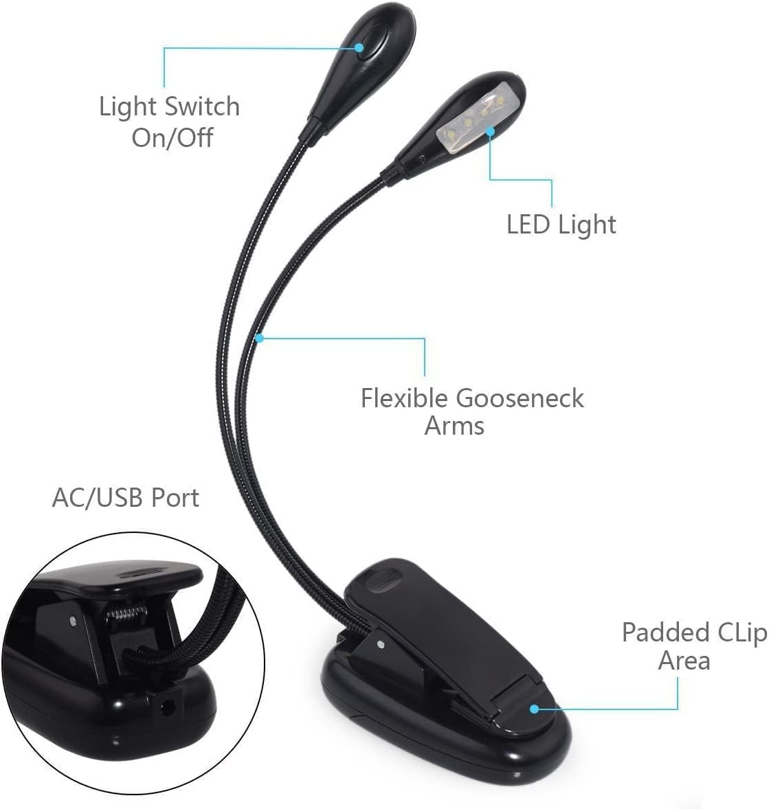 Portable 8LEDs Doppelkopf Tischlampe Klemmleuchte,2 Helligkeit,USB Stecker Clip-Lampe,Flexibel Tageslichtweiß Musikständer Licht,LED Leselampe,Buchlampe (6pack)