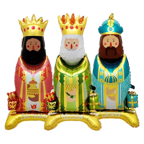 Set 3 Globos Navideños Foil Reyes Magos Metalizado - Globos Navideños de Pie Reyes Magos de 92 cm - Decoración Navideña Metalizados - Globo fiesta