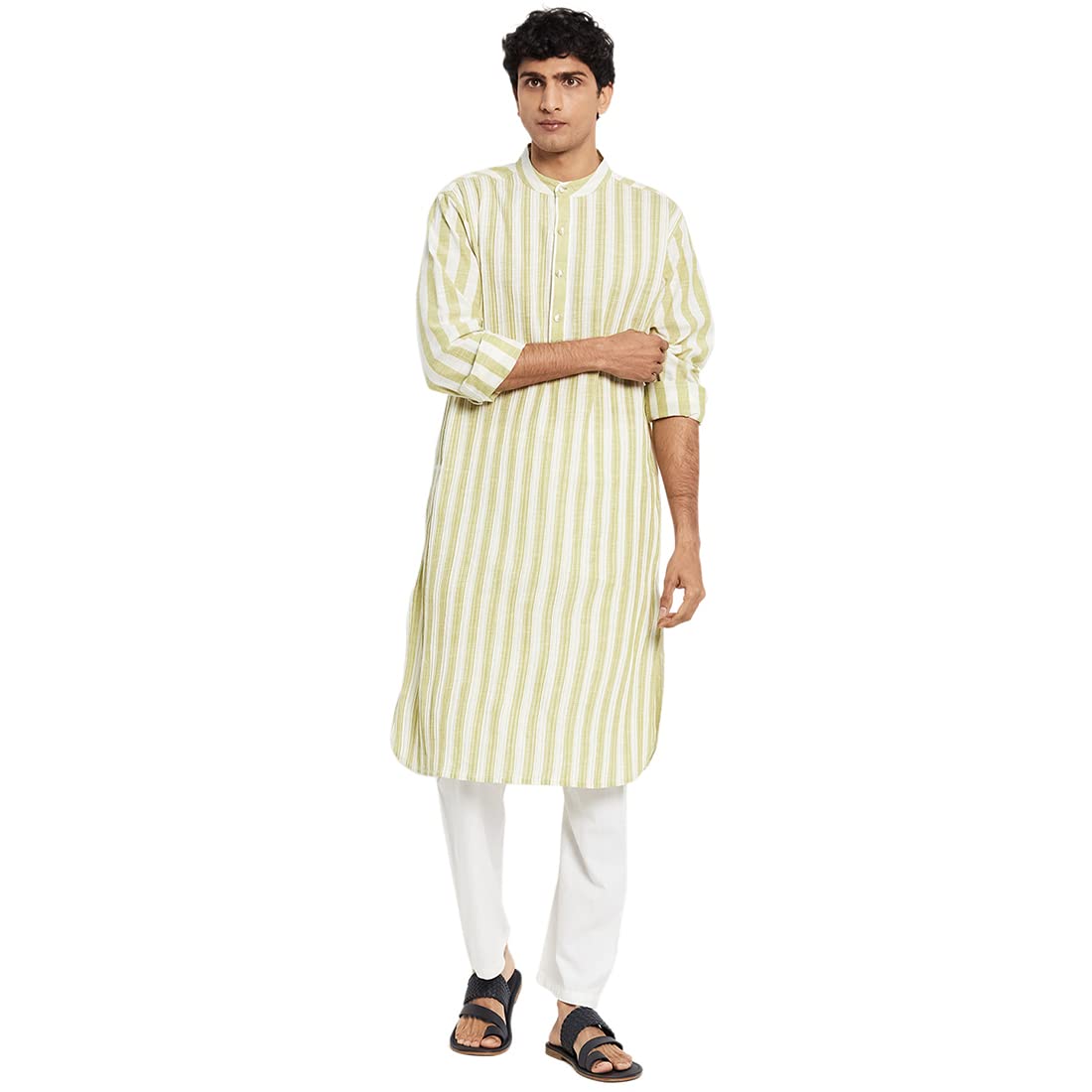 Fabindia Men's Cotton Pintucks Slim Kurta (100721301_White
