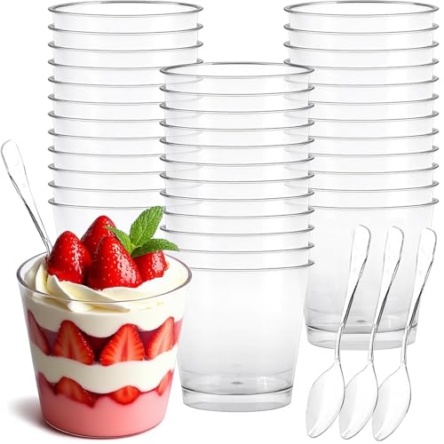 Viapriod 50 Stück Desserttassen Set mit 50 Stück Löffeln,Aus 200ml Transparenten Dessertbecher, Wiederverwendbar Kreis Desserttassen, leicht zu reinigen, universal Becher für Zuhause Desserts, Puddin