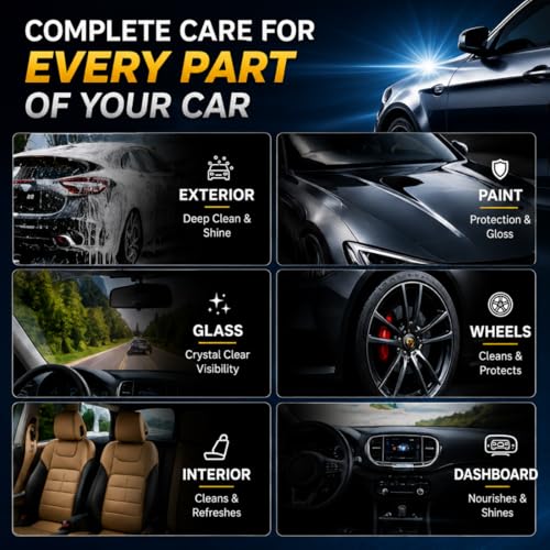 Image of CAR SAAZ Car & Bike Care Kit (10 Items) | Exterior Polish, Dashboard Polish, Shampoo, Upholstery Cleaner, Tyre Shiner 100 ML Each, 4 Applicators & Cloth | Interior & Exterior Cleaning & Shine Pack