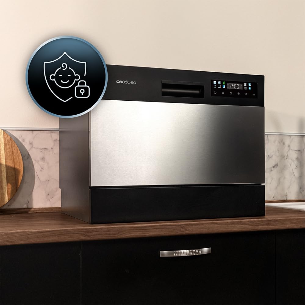 Cecotec Lave-vaisselle Compact Libre Installation 6 couverts Bolero Aguazero 2300 Inox.8 programmes, Classe D, Panneau tactile couleur, Départ différé, Fonction prélavage, Dry+, Germ Shield
