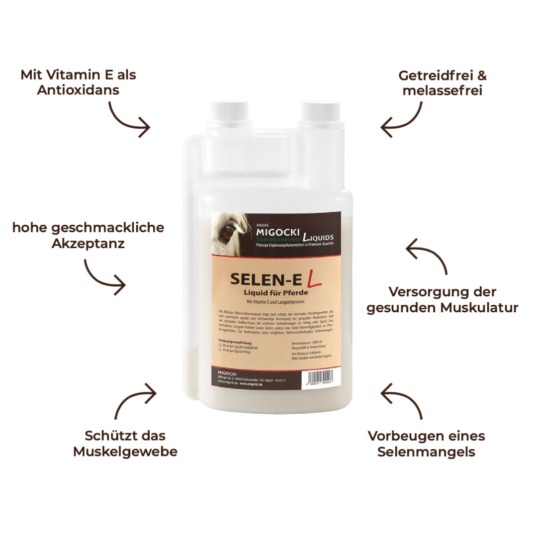 Selen-E Liquid – Mit Vitamin E – Ergänzungsfuttermittel für Pferde - Wichtig bei einem Selenmangel und für einen gesunden Muskelstoffwechsel – Dosierflasche 1000 ml