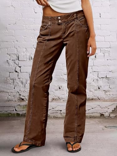 Flamingals Cargo Pants for Women Mid Rise Straight Leg Stretchy Solid Seam Front Vintage Casual Pants2