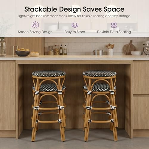 Image of PURPLE LEAF Patio French Round 26 inch Counter Stool Set of 2 Large Rattan Backless Stackable Barstools Bamboo Print Aluminum Frame Footrest with Woven Wicker for Outdoor Kitchen Yard Black