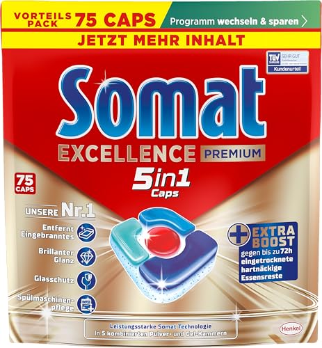 SOMAT Excellence Premium 5in1 Caps (75) schnellauflösende Spülmaschinentabs mit Extra Boost auch im Niedrigtemperatur- Kurz- & Eco-Programm entfernen selbst 72 h eingetrocknete Essensreste