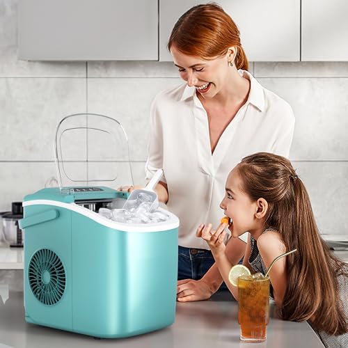 Image of Crzoe Portable Countertop Ice Maker Machine with Handle, 9 Bullet-Shaped Ice Cubes Ready in 6 Mins, 26Lbs /24H, Self-Cleaning Function with Ice Scoop and Basket for Home /Kitchen /Party(Green)