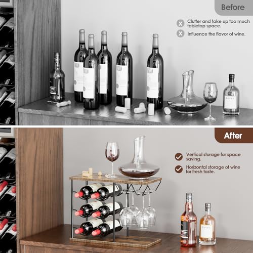 Nuovoware-Wine-Racks-Countertop-Wine-Bottle-Holder-for-6-Bottles-4-Glasses-Holder-Metal-Wine-Storage-Organizer-for-Kitchen-Bar-Table-Cabinet-Wine-Cellar-Wooden - Izzgadgets.com