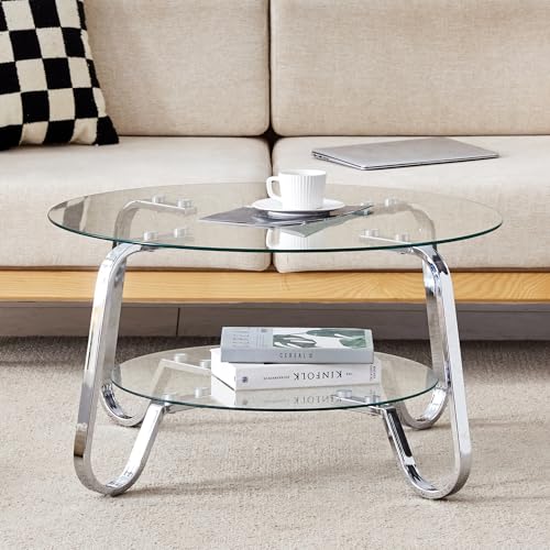 thyofoap Glass Round Coffee Table for Living Room 31.5 Inch Tempered Glass Top & Sturdy Metal Frame with Storage Shelf Modern Small Center Table with 200lb Capacity Quick & Easy Assembly