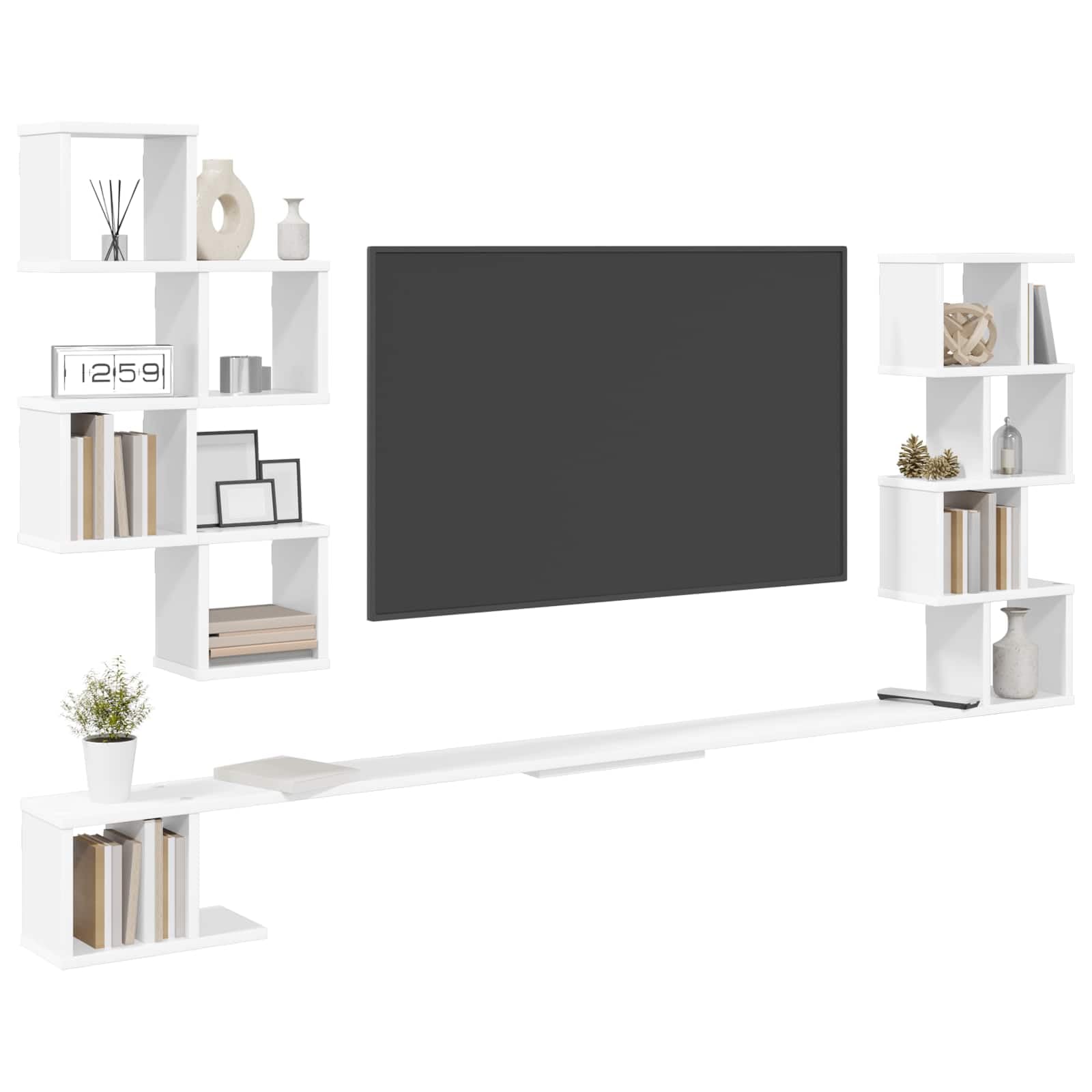 Biały regał na telewizor montowany na ścianie, 180 x 15 x 94 cm, materiał drewnopochodny, nowoczesny design, z dużą ilością miejsca do przechowywania, do salonu, sypialni, kuchni, łazienki