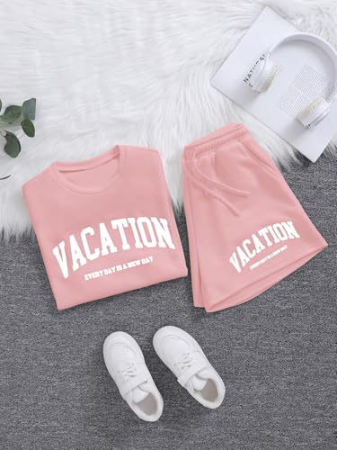Image of Verdusa Girl's Tracksuit Sets 2 Piece Outfits Letter Print Vacation Tee Top and Drawstring Waist Shorts