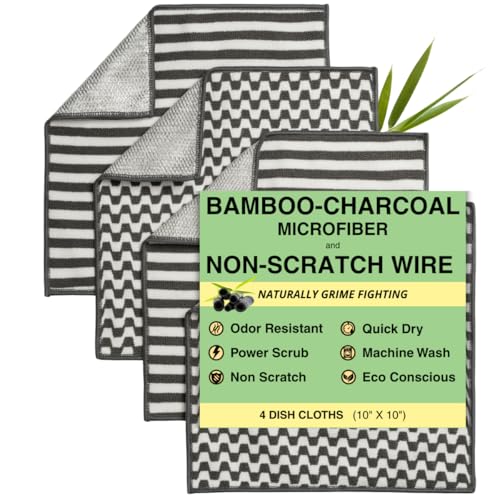 Severn Dish Cloths for Washing Dishes 4pk. Odor-Resistant Dish Rags with Non-Scratch Wire Scrubber Side for Kitchen Cleaning. Grime-Fighting Bamboo-Charcoal Microfiber 2-Sided Dishrags. Machine Wash