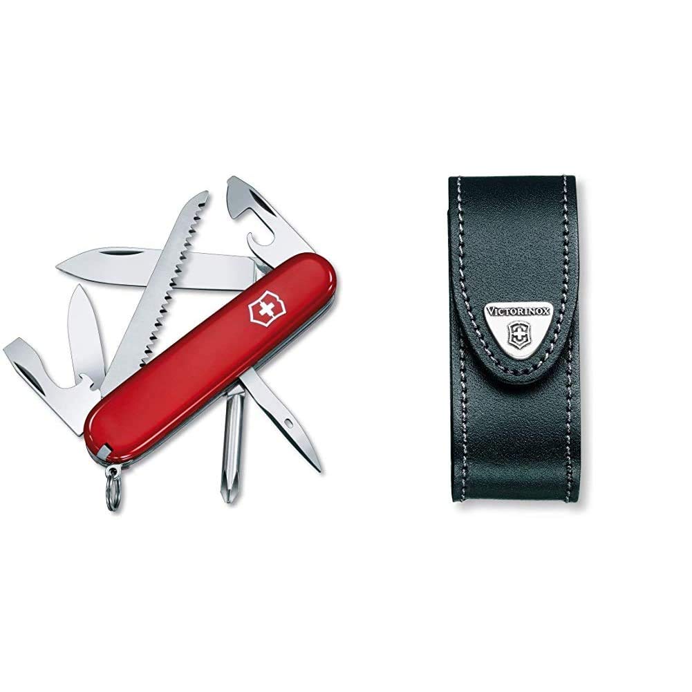 Victorinox Hiker Swiss Army Pocket Knife, Medium, Multi Tool, 7 tools-13 Functions, Blade, Wood Saw, Red & Leather Pouch for Swiss Army Pocket Knives, 3cm x 10cm, Black