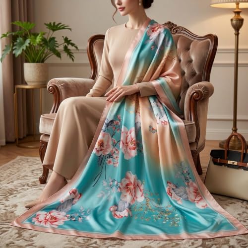 Image of Women's Floral Printed Silk Scarf | Premium Soft Lightweight Stole & Shawl | Fashion Neck Wrap for Wedding, Evening, Travel & Daily Wear | 180 x 90 cm