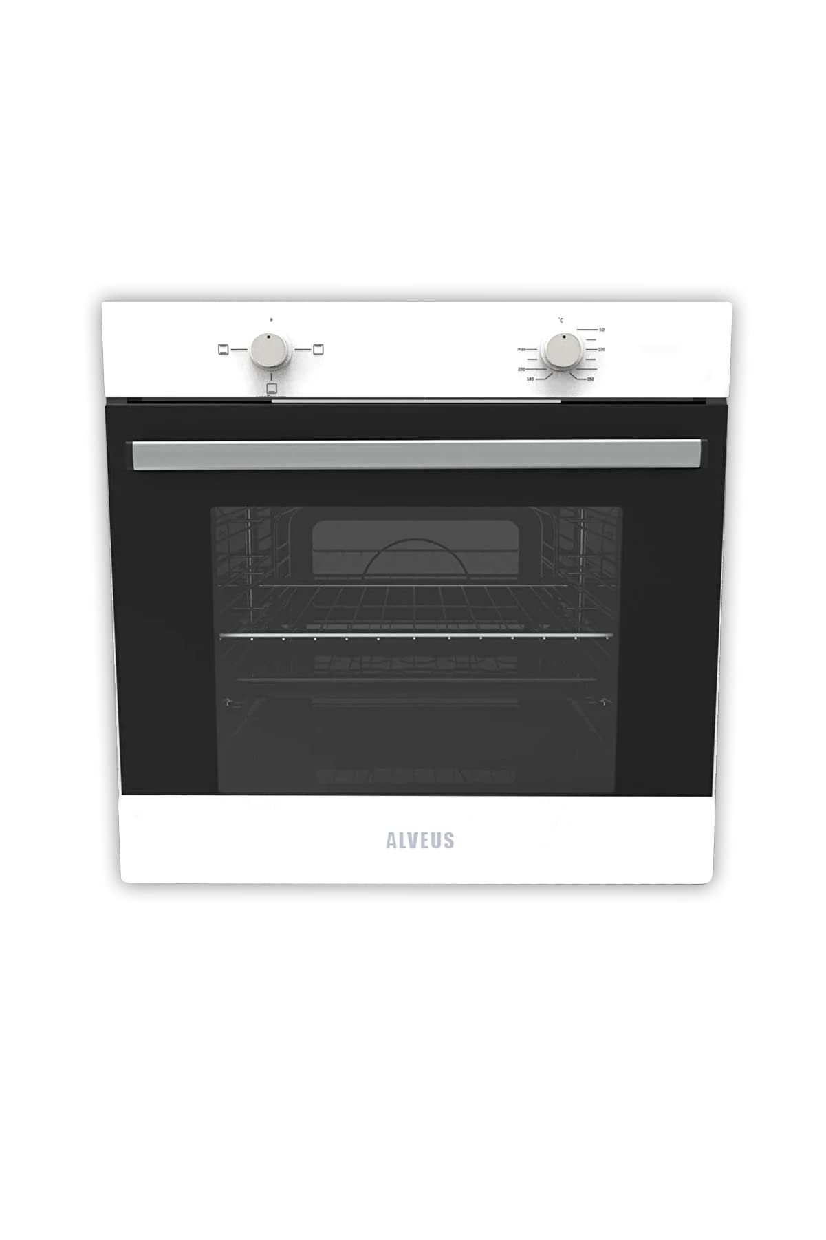 Alveus MFA 604 oven with interior light on, showing racks and heating element