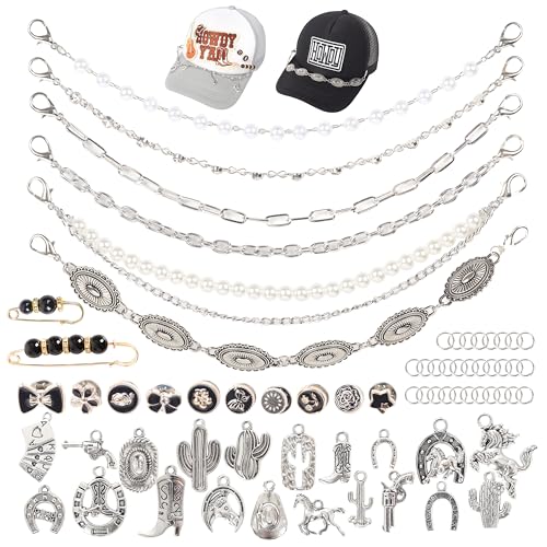Meneng Cowgirl Hat Accessories Kit: 36PCS Western Trucket Hat Chains Bill Decoration for Women - Bling Metal Detachable Chains Bulk for Mesh Baseball Cap