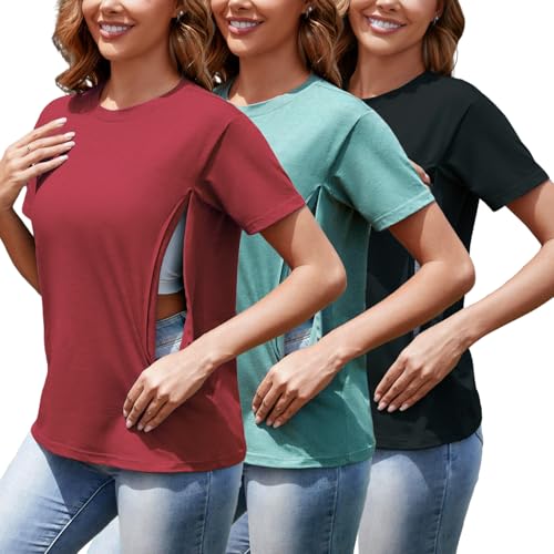 Image of Kynaflix Women's 3-Pack Nursing Tops for Breastfeeding with Hidden Zippers Loose Fit Maternity Shirts