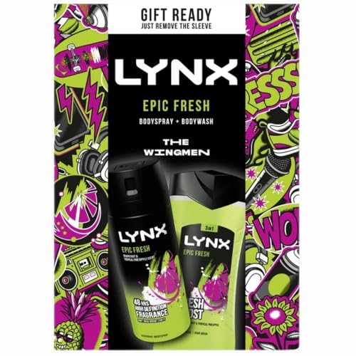 Lynx 2pcs Gift Set for Men Epic Fresh x 1, The Wingmen Bodyspray 48hr Fragrance 150ml & Spicy Fresh Bodywash 225ml with Welari Thank You Card | (1pack)