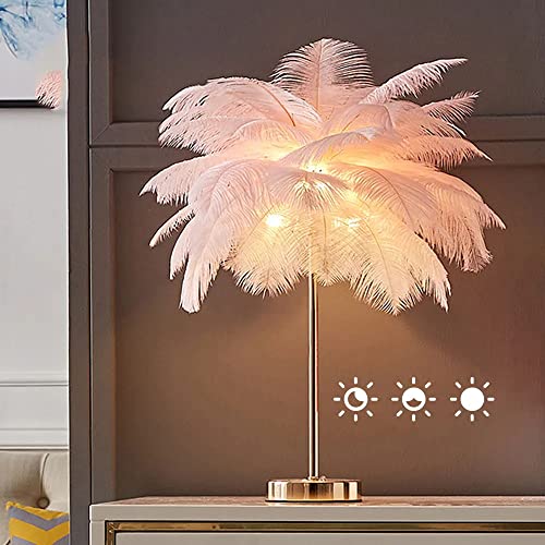 KunMai Touch Switch Pink Feather Lamp Modern Dimmable Table Lamp 3-Light Bedside Table Lamp Nightstand Lamp USB Charging (Dimmable, Pink)
