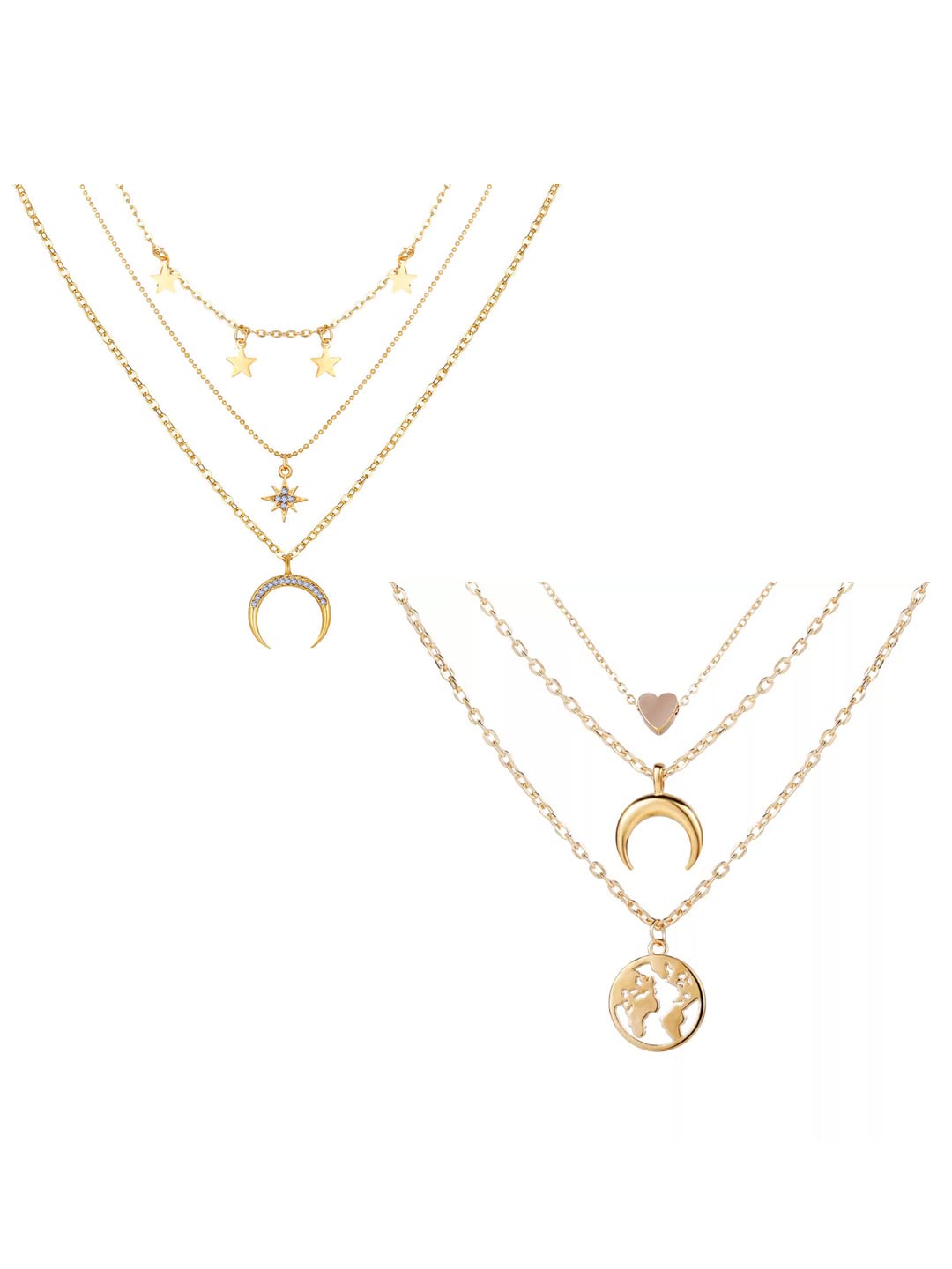 Vembley Pack Of 2 Charming Gold Plated Triple Layered Stars Half Moon and Earth Pendant Necklace for Women and Girls (B09RK5XGMQ) Amazon Price History, Amazon Price Tracker