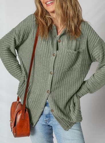 SHEWIN Womens Ribbed Knit Shacket Jacket Casual Long Sleeve Button Down Shirts Loose Sweater Tops Dressy Blouses with Pocket3
