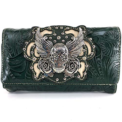 Zelris Sugar Skull Roses Angel Wing Women Crossbody Wrist Handle Trifold Wallet