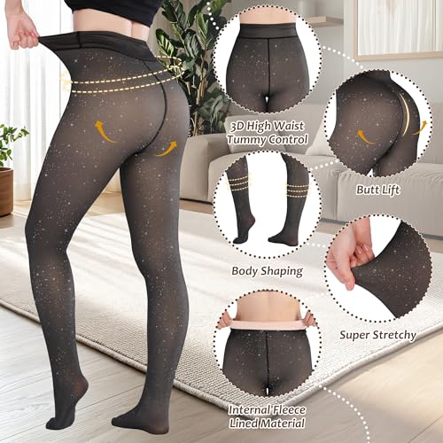Image of Fleece Lined Tights Sheer Women,Fake Translucent Warm Pantyhose Leggings Sheer Thermal Tights for Women in Winter.