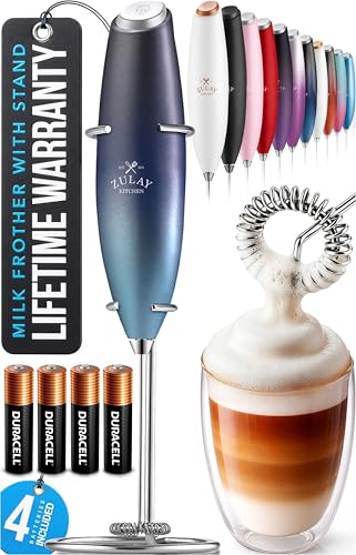 Image of Zulay Kitchen Powerful Milk Frother Wand With Duracell Batteries - Ultra Fast Handheld Drink Mixer - Electric Whisk Foam Maker for Coffee, Lattes, Cappuccino & Matcha - Z1 Motor - Deep Sea