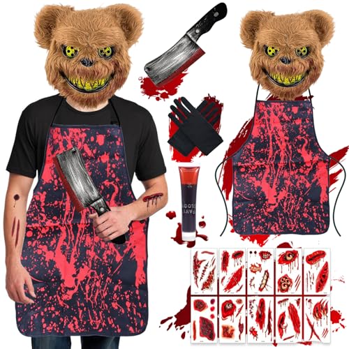 MKAKYES Costume da Orso Horror, Spaventosi Macellaio Costumi da Uomo di Halloween, con Maschera da Terrore, Coltello Finto, Sangue Finto, Tatuaggi Cicatrice Finti, Guanti Neri, Grembiule Insanguinato