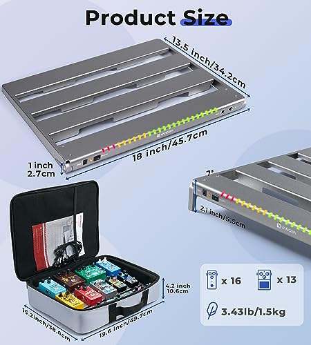 Image of Vangoa Guitar Pedal Board with Isolated Power Supply, PD-M Aluminum One-Piece-Bent Portable Folding Powered Guitar Pedalboard with Premium Backpack-style Bag, Medium, 18 inchx13.5 inch, 3.4lb, Gray