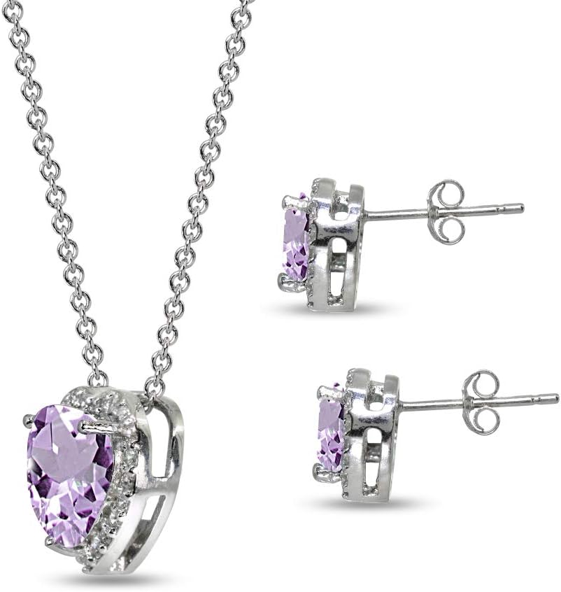 Sterling Silver Genuine or Synthetic Gemstone Halo Heart Necklace & Stud Earrings Set for Women - Image 6