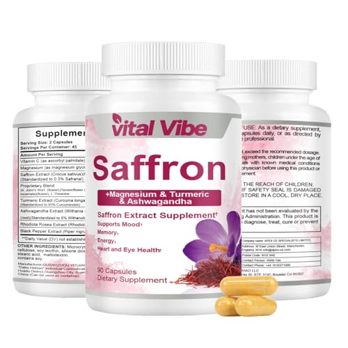 Saffron Supplements 88.5 mg 90 Capsules, 100% Pure Saffron Extract Capsules with Magnesium, Turmeric & Ashwagandha, Supports Mood, Memory, Energy, Heart & Eye Health, Vegan