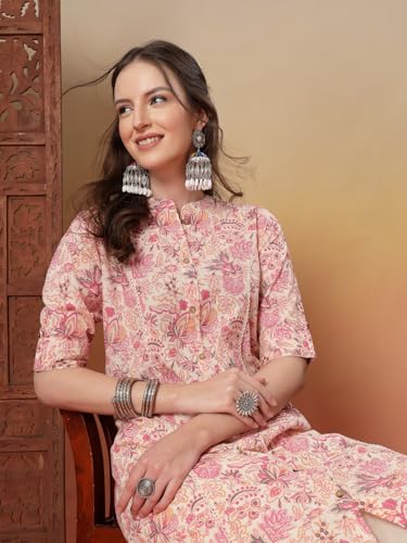 Image of Stylum Women's Pink Floral Printed Rayon A-Line Kurta