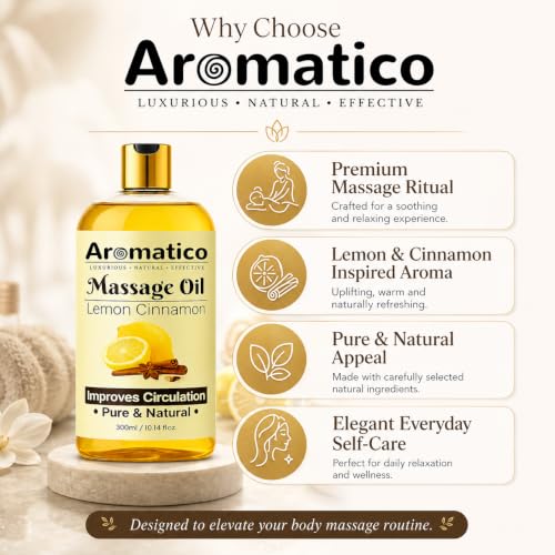 Image of AROMATICO Lemon & Cinnamon Warm Massage Oil - Ideal for Hot Oil Massage | Body Massage Oil with Almond & Jojoba for Full Body Relaxation | 300ml