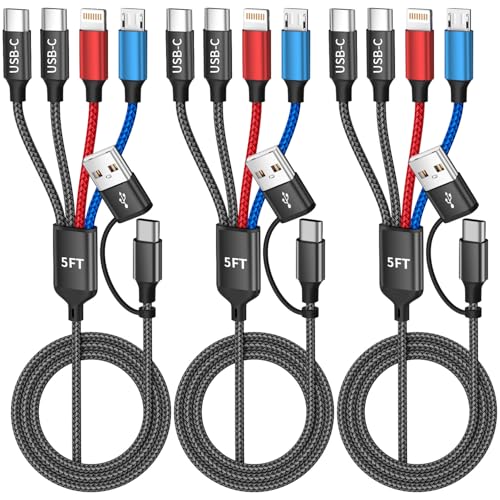 Image of 4 in 2 Multi Charging Cable, Charging Cords for Multiple Devices, 3Pack 5FT | Dual Type-C Ports Phone Charger Cord, Universal Charger for iPhone17-12 /Android /Pad, Car, Camping and More, Travel Essentials