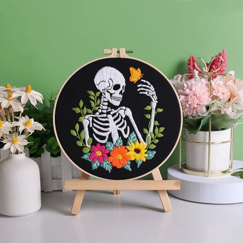 Image of Louise Maelys 3 Sets Halloween Embroidery Kits for Beginners,Cross Stitch Kit for Adults,DIY Starters Needlepoint with Skull Flowers Pattern,Including Instruction