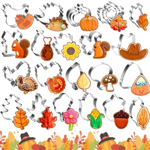 25 Pieces Large Cookie Cutters Thanksgiving Fall Cookie Cutter Pumpkin Maple Leaf Cookies Cutter Shapes, Turkey, Corn, Squirrel, Acorn And Sunflower for Autumn Theme Holiday Baking Supplies