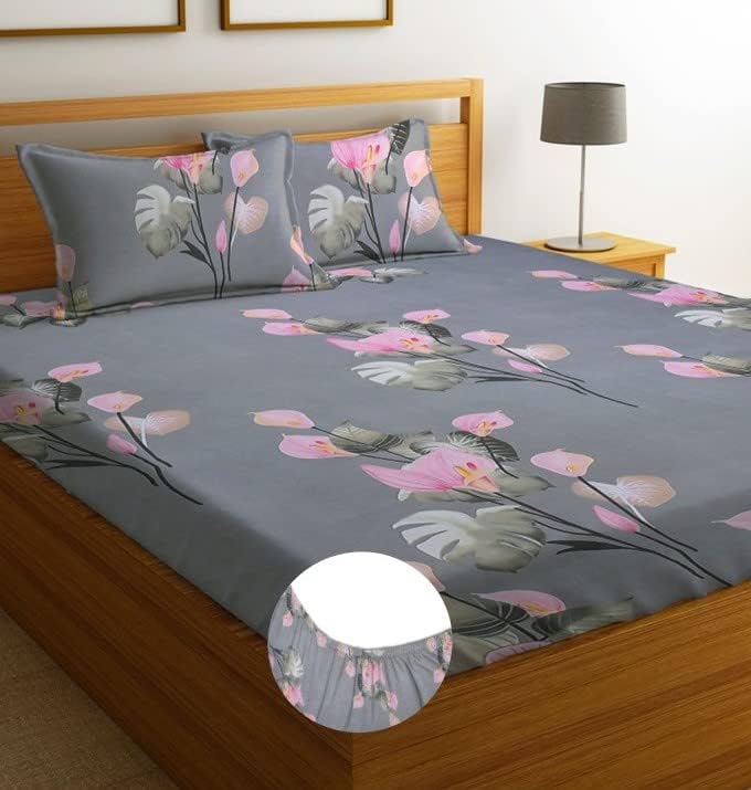 BSB HOMEPremium Cotton Elastic Fitted Bedsheets with 2 King Size Pillow Covers | Double Bed with All Around Elastic 180 TC Supersoft | (72''x78'',Silver & Grey)