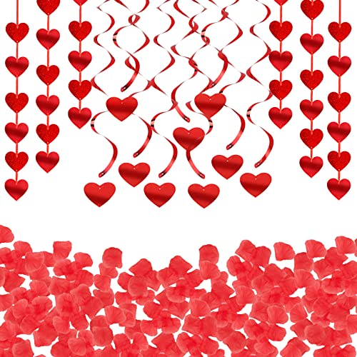 Kit de Decoración de San Valentín 24pcs Guirnaldas Colgantes Corazón + 200pcs Confeti Pétalos Rosa Guirnaldas en Espiral Roja Adornos Boda Aniversario