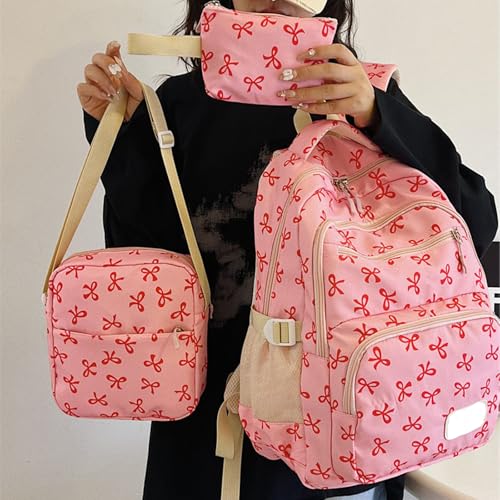 3Pcs Set Bow Backpack for Girls, Cute Kawaii Large Capacity Nylon Rucksack With Bow Pattern for preppy (White Pink)2