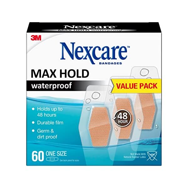 Nexcare Max Hold Waterproof Bandages, Stays On for 48 Hours, Flexible Bandages for Fingers, Knees and Heels – 60 Pack Clear Waterproof Bandages
