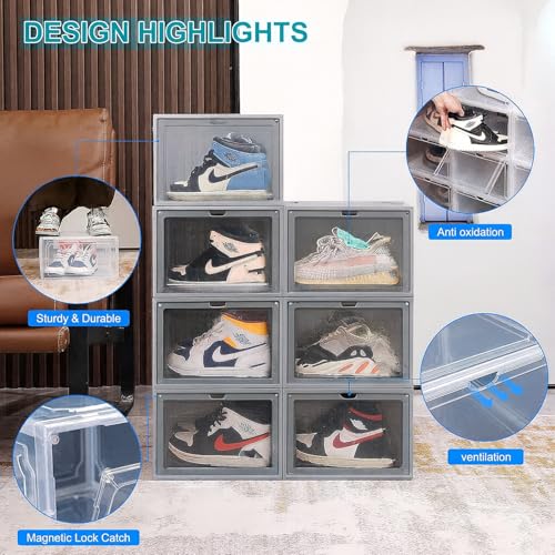 Image of Go Hooked Grey Shoe Box with Magnetic Front Door Stackable Sneaker Display Box & Organizer Pack of 1 - Acrylic Dustproof Shoe Storage Cabinet Transparent Shoe Rack & Sneaker Crate for Home or Display