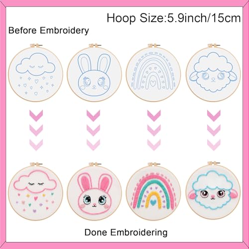 Image of Louise Maelys Embroidery Kit for Beginners, 12 Packs Pre-Printed DIY Sewing Craft Kit,Kids Girls Cross Stitch Kit with Hoop, Threads, Needles and Scissors, Cute Animal & Cartoon Patterns