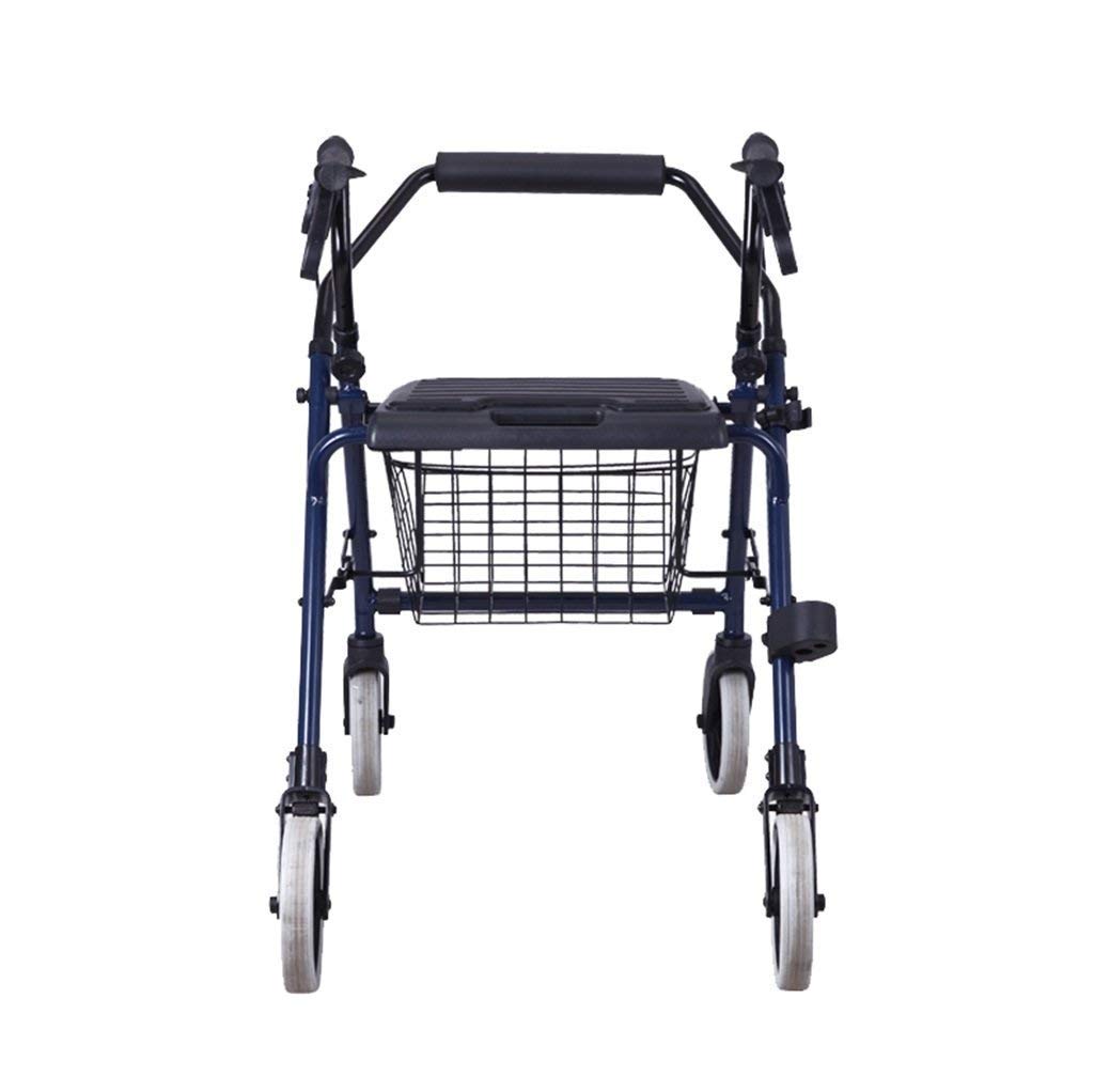 Andador plegable de aleación de aluminio, andador ligero plegable de 4 ruedas con asiento acolchado, frenos bloqueables y cesta debajo del asiento, altura ajustable, azul, carga máxima 110 kg