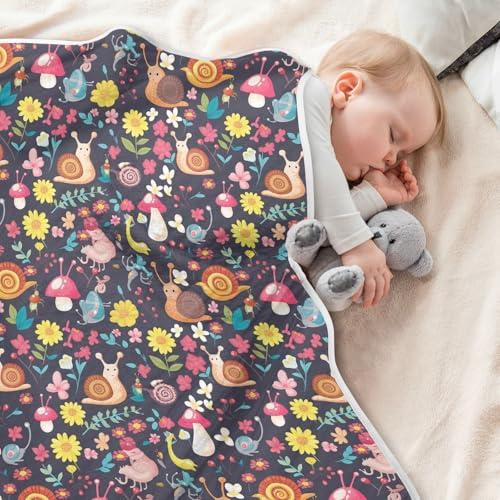Image of Baby Swaddle Blanket for Baby Girls and Boys Soft Security Bed and Play Blanket for Toddler and Infant 30X40in Cartoon-Style Snails Mushrooms and Flowers