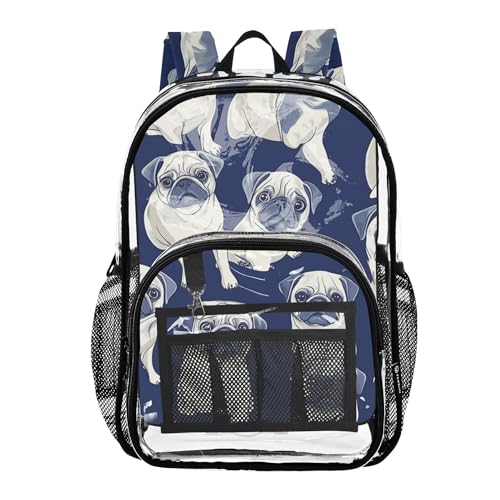 Puppy White Pugs Clear Backpack PVC Transparent Backpack Lightweight Book Bags Capacity Clear Bag for Boys Girls