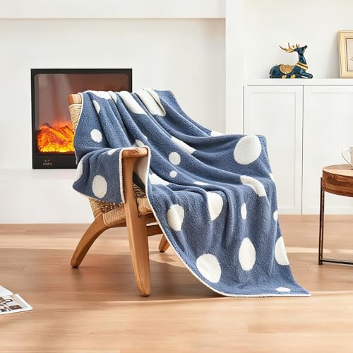 Image of CozeCube Reversible Knitted Throw Blanket,Dusty Blue White Polka Dot60 x80